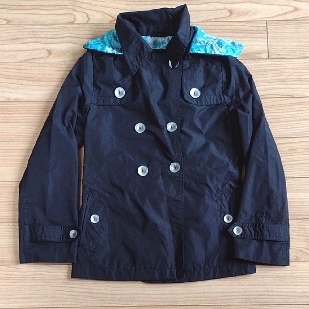 London Fog Double Breasted Black Hooded Raincoat Size Small 7/8